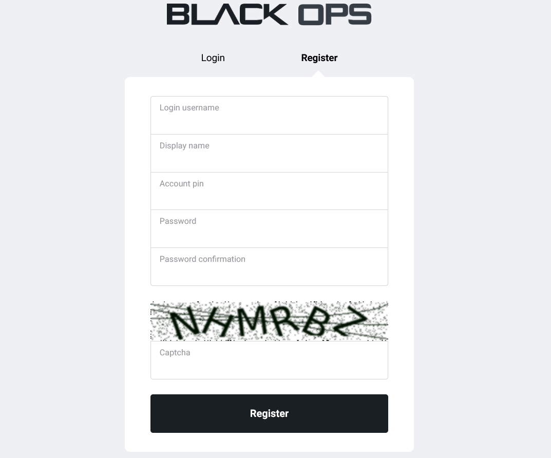A captcha verification interface showing a login form with Black Ops logo at the top, username and password fields, and a verification checkbox